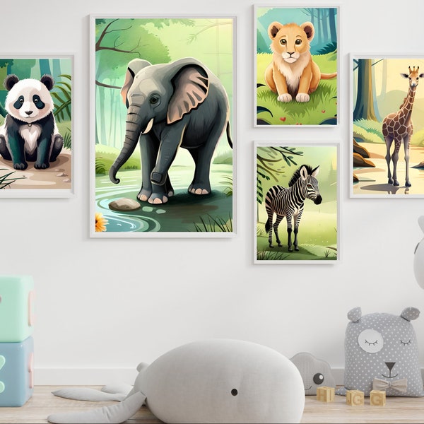 Posterset met Süßen Safartieren Tieren SERIE 2 voor kinderzimmer of babyzimmer. Wanddeko Safari zum selbst ausdrucken