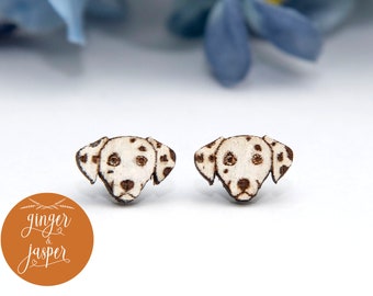 Hand Painted Wooden Dalmatian Earrings, Laser Cut Wood Dog Studs, Cute Dog Lover Gift, Hand Crafted Canine Stud Earrings