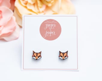 Hand Painted Wooden Geometric Fox Earrings, Origami Fox Studs, Cute Birthday Gift, Wood Fox Stud Earrings, Hand Made Fox Studs