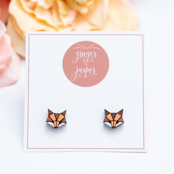 Hand Painted Wooden Geometric Fox Earrings, Origami Fox Studs, Cute Birthday Gift, Wood Fox Stud Earrings, Hand Made Fox Studs