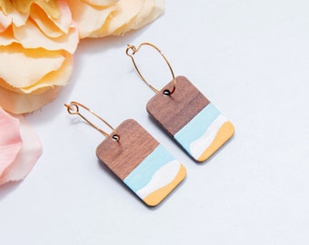 Hand Painted Wooden Dangle Earrings, Seaside Earrings, Ocean Earrings, Painted Wood Sea Earrings, Abstract Seashore Earrings