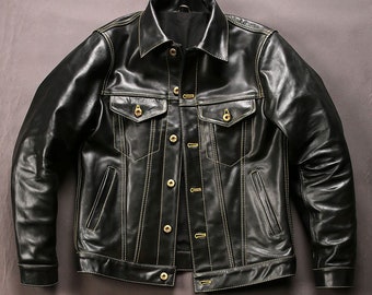 Men Vintage Casual denim leather jacket Retro classic tea core Men Us style real leather cloth trucker style jacket