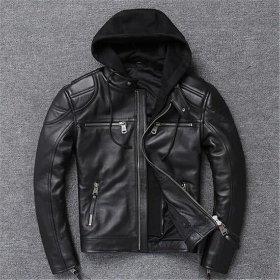 Mens Paded Biker Jackets Coats With Removable Hood Genuine Leather 