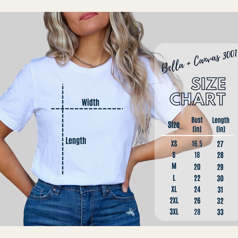 May include: Size chart for Bella + Canvas 3001 t-shirts, showing bust and length measurements in inches for sizes XS to 3XL.