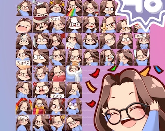 EMOTES BUNDLE Cute Chibi Girl | for Twitch, Discord, Youtube (Female ALL Packs Ina: brown hair | pale skin | squared glasses | 3 eye color)
