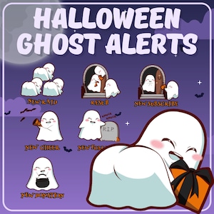 Pode incluir: Um gráfico com tema de Halloween com o texto "HALLOWEEN GHOST ALERTS". Apresenta fantasmas de desenhos animados com várias ações, incluindo um grupo rotulado como "NEW RAID", e fantasmas rotulados como "RESUB", "NEW SUBSCRIBE", "NEW CHEER", "NEW FOLLOW" e "NEW DONATION".