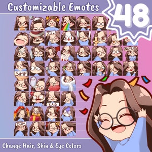 エモート バンドル かわいいちびガール | Twitch、Discord、Youtube など向け (女性全パック - エマ: 茶色の髪 | 青白い肌 | メガネ | 3 色の目の色)