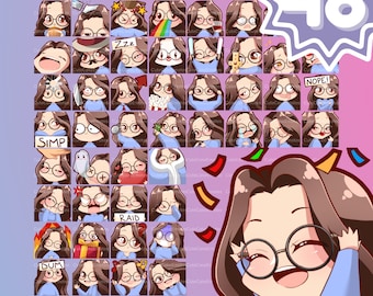 EMOTES BUNDLE Cute Chibi Girl | for Twitch, Discord, Youtube & more (Female ALL Packs -Emma: brown hair | pale skin | glasses | 3 eye color)