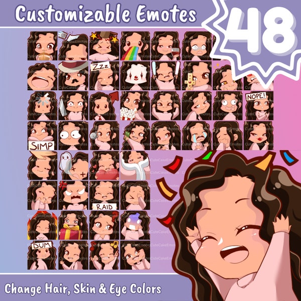 EMOTES BUNDLE | Cute Chibi Girl | For Twitch, Discord, Youtube, etc (Female ALL Pack - Susi : curly brown hair | medium skin | 3 eye colors)