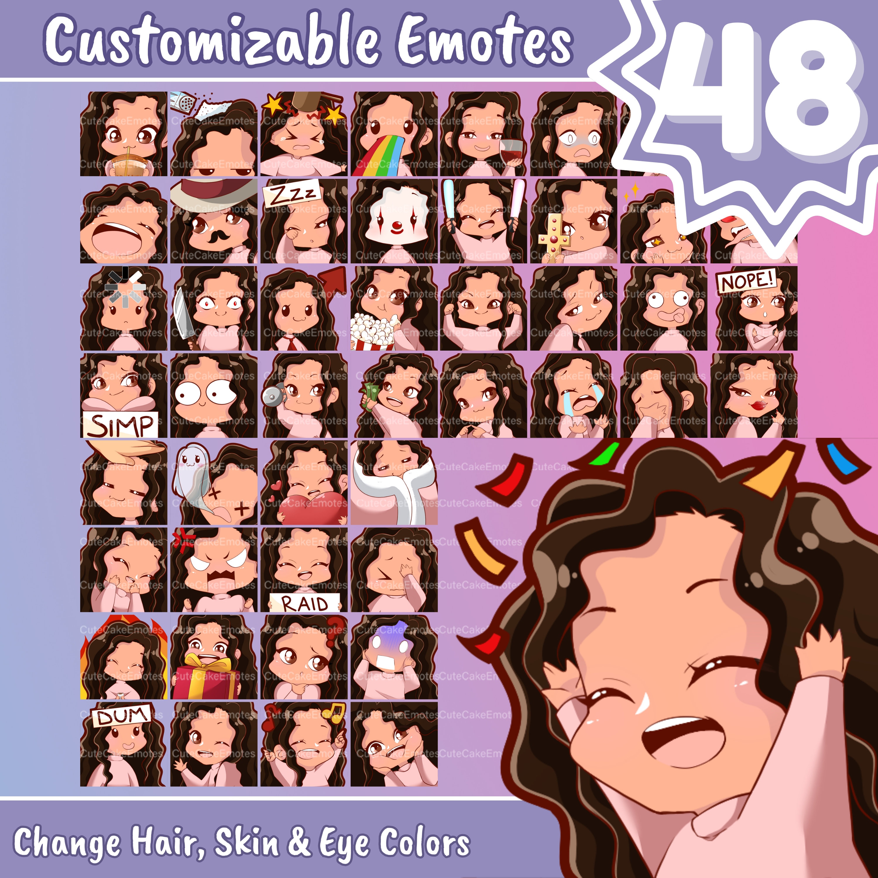 EMOTES BUNDLE | Cute Chibi Girl | For Twitch, Discord, Youtube, etc (Female ALL Pack - Tina : curly brown hair | medium skin | 3 eye colors)