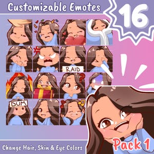 EMOTES BUNDLE Cute Chibi Girl | Twitch, Discord, Youtube and more (Female Pack 1 - Luna : long brown hair | medium skin | 3 eye colors)