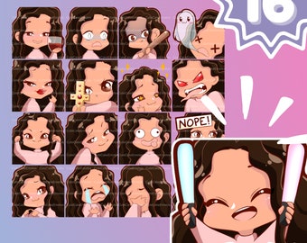 EMOTES BUNDLE Cute Chibi Girl | For Twitch, Discord, Youtube and more (Female Pack 3 - Tina : curly brown hair | medium skin | 3 eye colors)