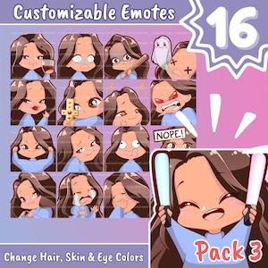 EMOTES BUNDLE Cute Chibi Girl | Twitch, Discord, Youtube and more (Female Pack 3 - Luna : long brown hair | medium skin | 3 eye colors)