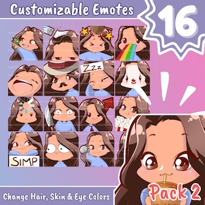 EMOTES BUNDLE Cute Chibi Girl | Twitch, Discord, Youtube and more (Female Pack 2 - Luna : long brown hair | medium skin | 3 eye colors)