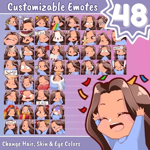 EMOTES BUNDLE | Cute Chibi Girl | Twitch, Discord, Youtube, etc (Female ALL Pack - Luna : long brown hair | medium skin | 3 eye colors)
