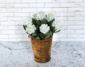 Large Rusty bucket planted with 12th scale handmade paper White Hydrangea shrub