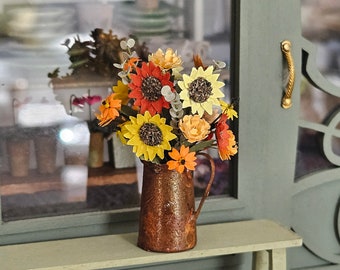 Handmade12th scale paper Sunflowers, Chrysanthemums, Heleniums, Rudbeckia and Eucalyptus in a Large Rusty Pitcher