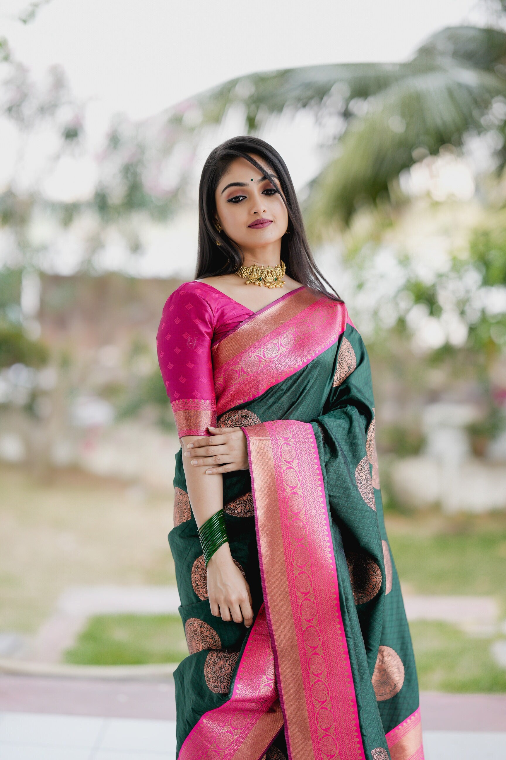 dark green pink saree