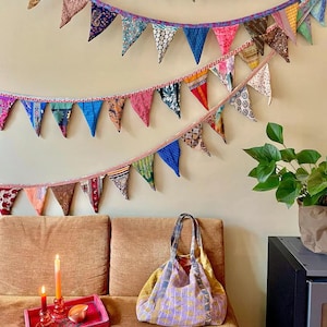 Recycled bunting, sari flags. Unusual bunting, handmade bunting, eco friendly bunting, unique bunting, garden decoration, boho party bunting