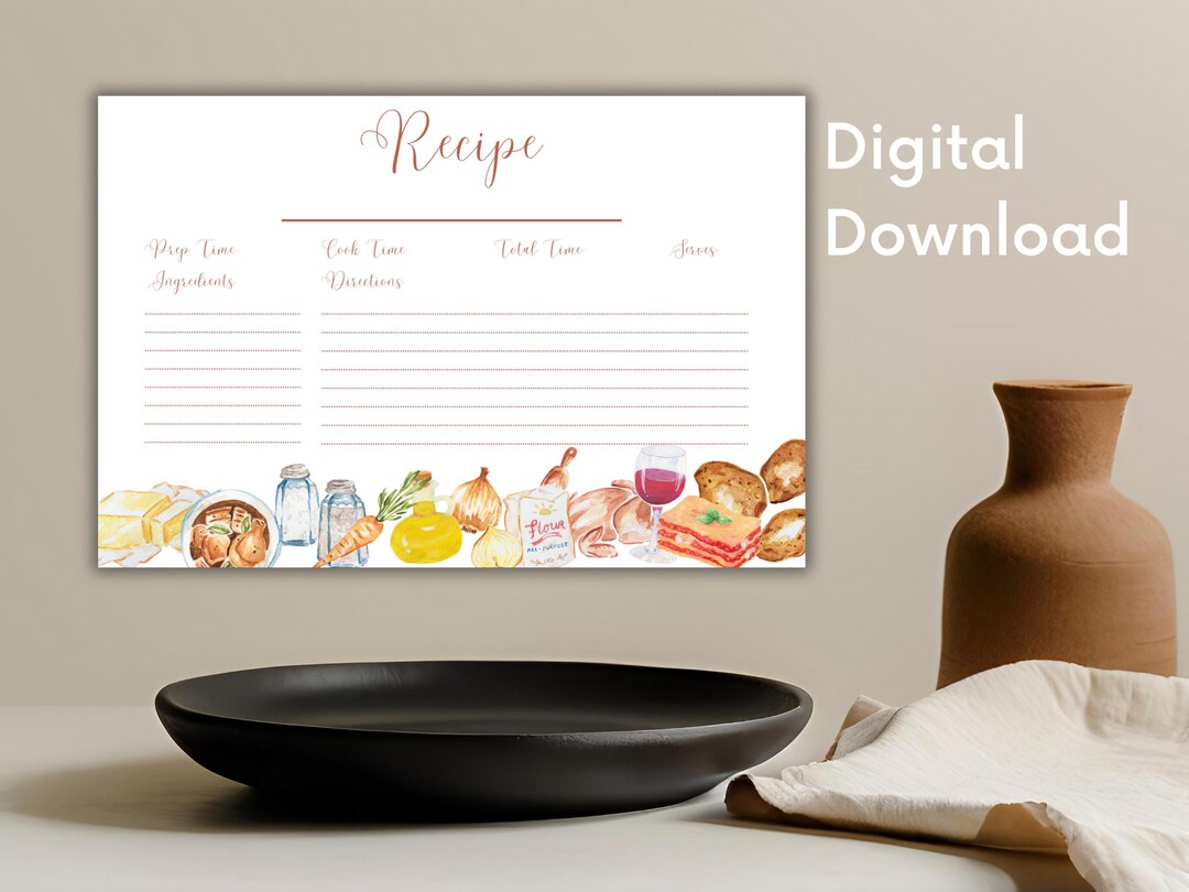 Printable Recipe Card, Recipe Card Digital Download, Water Color ...