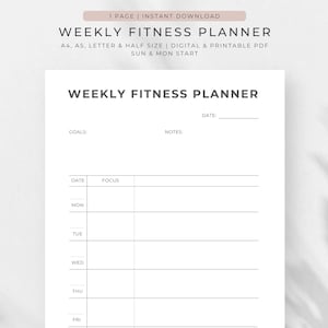 Fitness Planner Printable | Digital Weight Loss Journal | Weekly Fitness | Wellness Planner PDF | Exercise Log | Meal Plan | Self-Care
