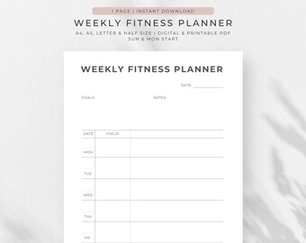 Fitness Planner Printable | Digital Weight Loss Journal | Weekly Fitness | Wellness Planner PDF | Exercise Log | Meal Plan | Self-Care