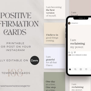 Positive Affirmationskarten, druckbare Affirmationen, bearbeitbare Affirmationen, Motivationskarten, Depression und Angstlinderung.