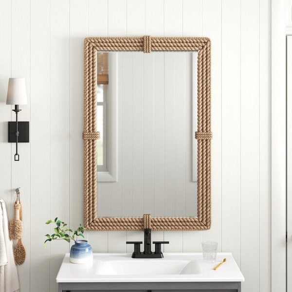 Espejo de cuerda rectangular vertical costero náutico / decoración del hogar espejo de pared grande / pared colgante espejo de cuerda blanca espejo de yute regalo para boda