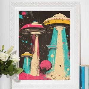 UFO Vintage Poster, 70&#39;s Retro Alien Flying Saucers, Vintage Space Wall Art, Sci-Fi Print, Digital Download, Alien Invasion Art Print