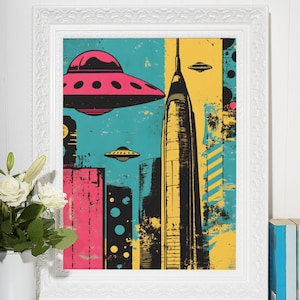 Póster OVNI, arte retro de invasión extraterrestre en ciudad espacial, decoración de pared de ciencia ficción vintage de los años 70, impresión de ciencia ficción, descarga digital, impresión artística de invasión extraterrestre.