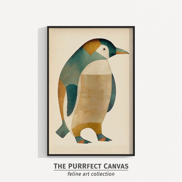 Penguin | Gold & Teal | Abstract Realism | Animal Portrait Wall Art | digital download | 0000053