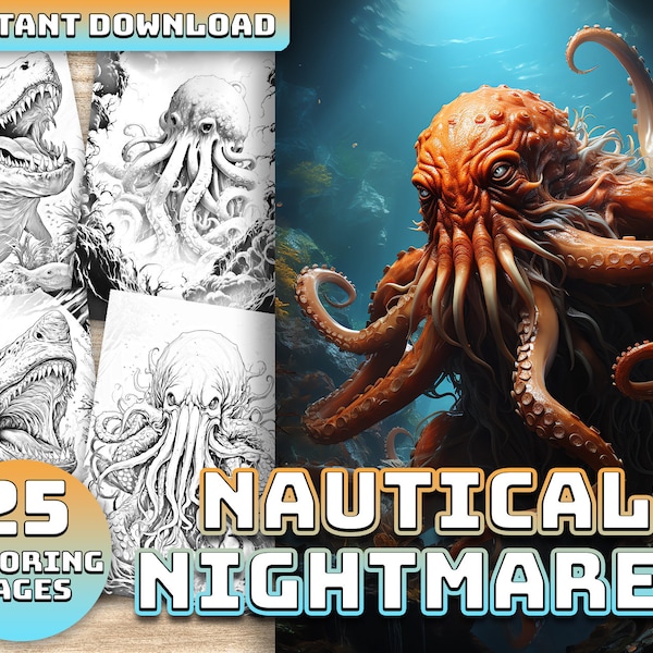 Nautical Nightmares: Sea Monster Coloring Book - 25 Unique Fantasy Ocean Beasts, Adult Coloring, Instant Download, Printable PDF