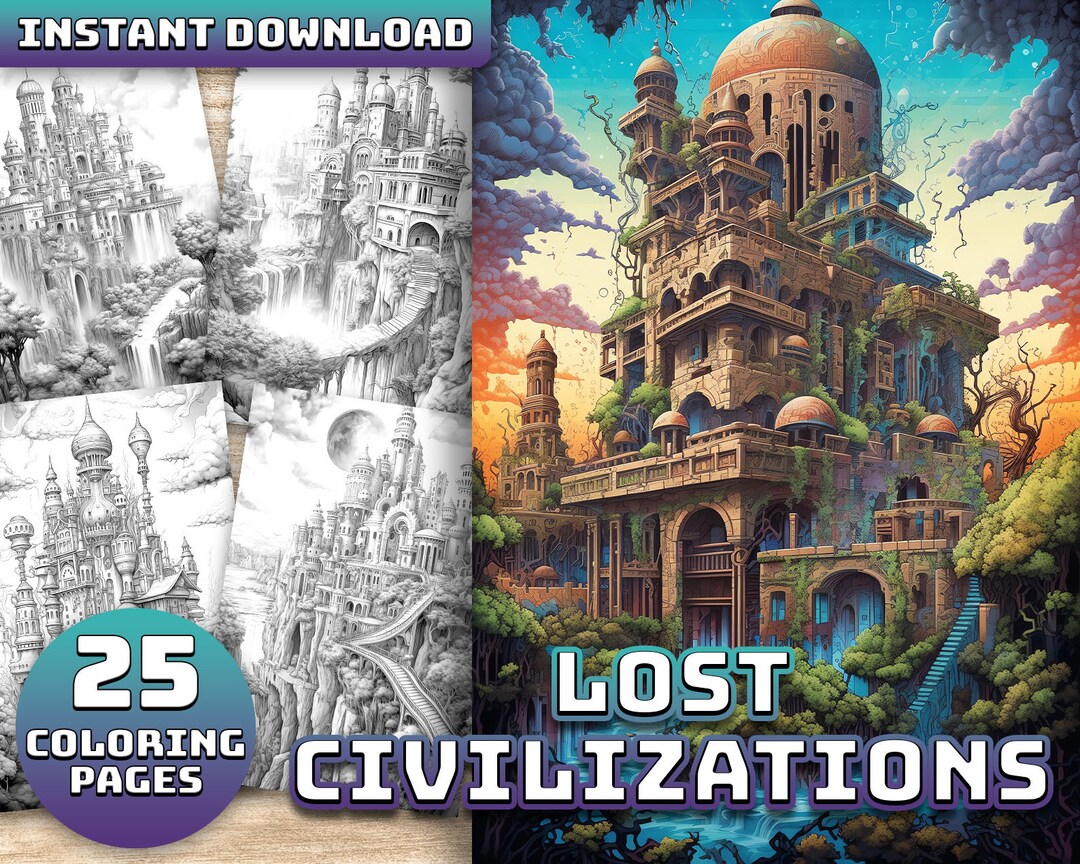 Lost Civilizations 25-page Coloring Book for Adults and Kids, Printable ...