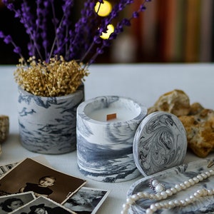 Marble Effected Concrete Soy Wax With Lid - Concrete Candle Jar with Essence Options - Luxury Candle