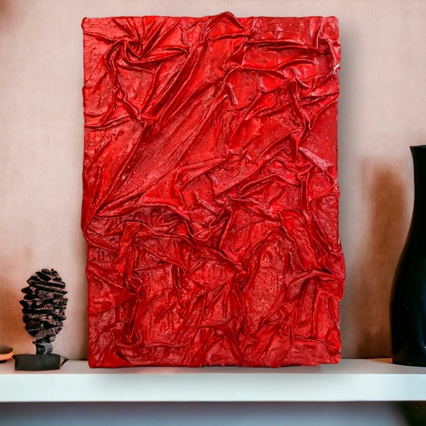 Red Textured Wall Art - Fabric Canvas - 3D Wall Decor - Hand Textured Art - Boho Home Decor