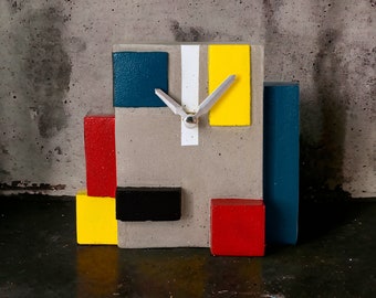 Mondrian-Themed Concrete Desk Clock, Rectangular Prism Composition with Silent Mechanism Table Clock