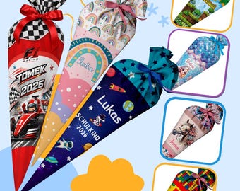 Personalized Fabric Schultüte with Name, Sibling Schultüte, Fabric School Cone, 70 cm, Cardboard Cone & Pillow Filling for Boys and Girls