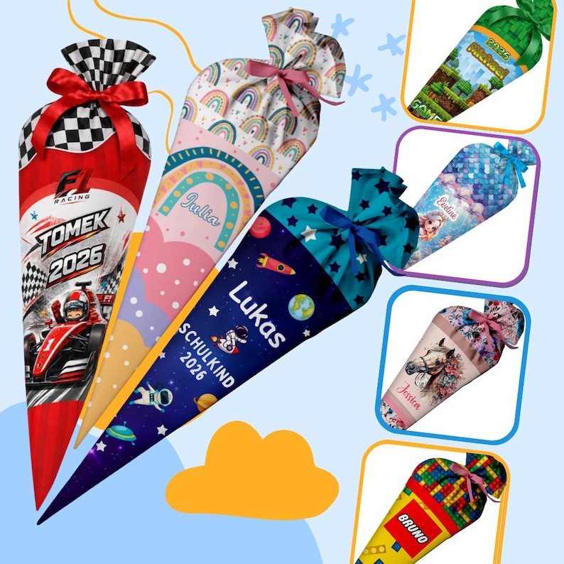 May include: A collection of cone-shaped school gift bags featuring various designs including a red Formula 1 car with the text Tomek 2026, a rainbow pattern with the name Julia, and a dark blue space theme with the name Lukas and text Schulkind 2026.