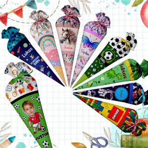Schultüte aus Stoff personalisiert mit Namen, Geschwisterschultüte, Stoffschultüte, 70cm, Papprohling & Kissenfüllung für Jungen Mädchen