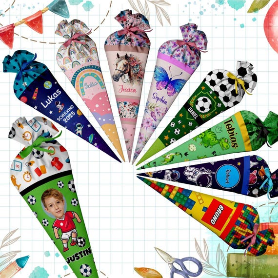 Schultüte aus Stoff personalisiert mit Namen, Geschwisterschultüte, Stoffschultüte, 70 cm, Papprohling & Kissenfüllung für Jungen Mädchen