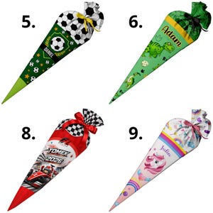May include: Four cone-shaped school gift bags labeled 5, 6, 8, and 9. Number 5 features soccer balls and the name Daniel. Number 6 shows green dinosaurs and the name Adam. Number 8 displays a race car, the name Tomek, and 2026. Number 9 shows a unicorn, rainbows, and the name Julia.
