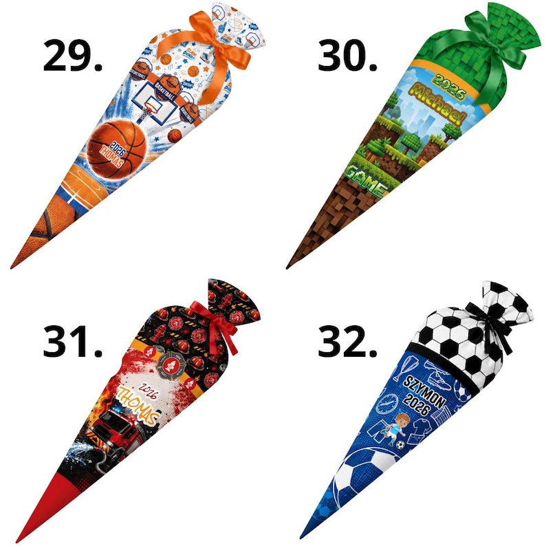 May include: Four cone-shaped gift bags labeled 29, 30, 31, and 32. Bag 29 features basketballs and a hoop. Bag 30 has a pixelated landscape with the text 2026 Michael. Bag 31 shows a fire truck with 2026 Thomas. Bag 32 displays soccer balls with 2026 Szymon.