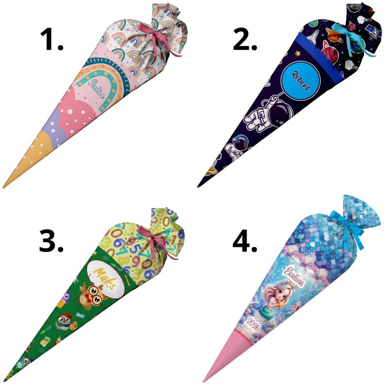 May include: Four conical school cones, known as Schult&uuml;ten, featuring distinct designs: one with rainbows and the name Julia, one with astronauts and the name Robert, one with owls and the name Maks, and one with a mermaid and the name Eveline.