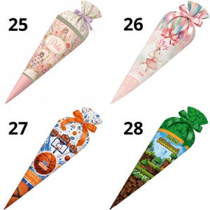 May include: Four conical gift bags labeled 25, 26, 27, and 28. Number 25 features floral patterns and a kitten. Number 26 shows a rabbit with a bow. Number 27 displays basketballs and hoops. Number 28 depicts a blocky landscape with the text GAME.