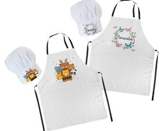Personalisierte Kinderschürze + Kochmütze Set 2tlg. Für Kindergarten Kinder Jungen und Mädchen Weiß Kochhaube Schürze mit Namen