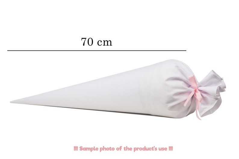 May include: A plain white cone-shaped fabric bag measuring 70 cm in length. The wide end of the cone is gathered and secured with a thin, light pink ribbon tied in a bow. The text 70 cm is visible above the cone, and the text !!! Sample photo of the product's use !!! is visible below.
