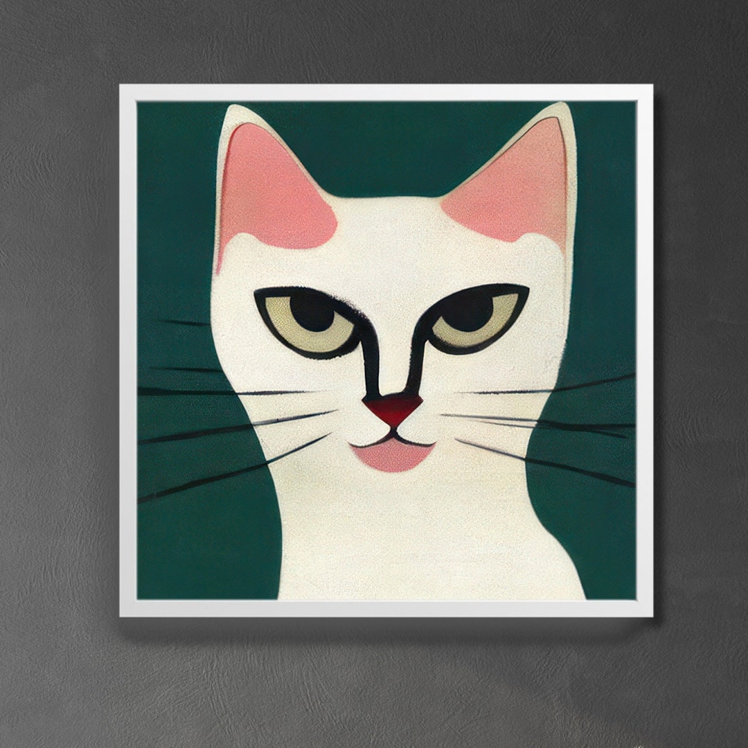 White Cat Poster, DIGITAL DOWNLOAD, Vintage Style Cat, Funny Cat Art