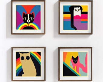 Katzen Sammlung DIGITAL DOWNLOAD, Regenbogen Pride Katzen Kunst, abstrakte Katze Geschenk, vier Katzen Printables, bunte Katzen Wandkunst. modernes Katzen Poster