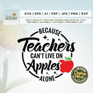 May include: Black and white graphic design with the text "Because Teachers Can't Live On Apples Alone". A red apple with a green leaf is in the center of the design. The text "Now Offering Custom Work" is in a green circle with a gold star.
