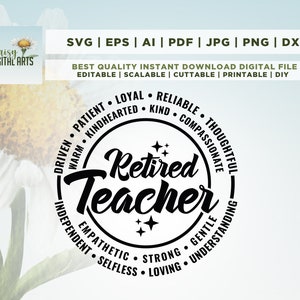 K&ouml;nnte beinhalten: Schwarzwei&szlig;es Design mit dem Text "Retired Teacher" in einem Kreis. Der Kreis ist von einem Ring mit W&ouml;rtern umgeben, die positive Charaktereigenschaften beschreiben, wie "geduldig", "freundlich", "mitf&uuml;hlend", "gedankenvoll", "sanft" und "verst&auml;ndnisvoll".